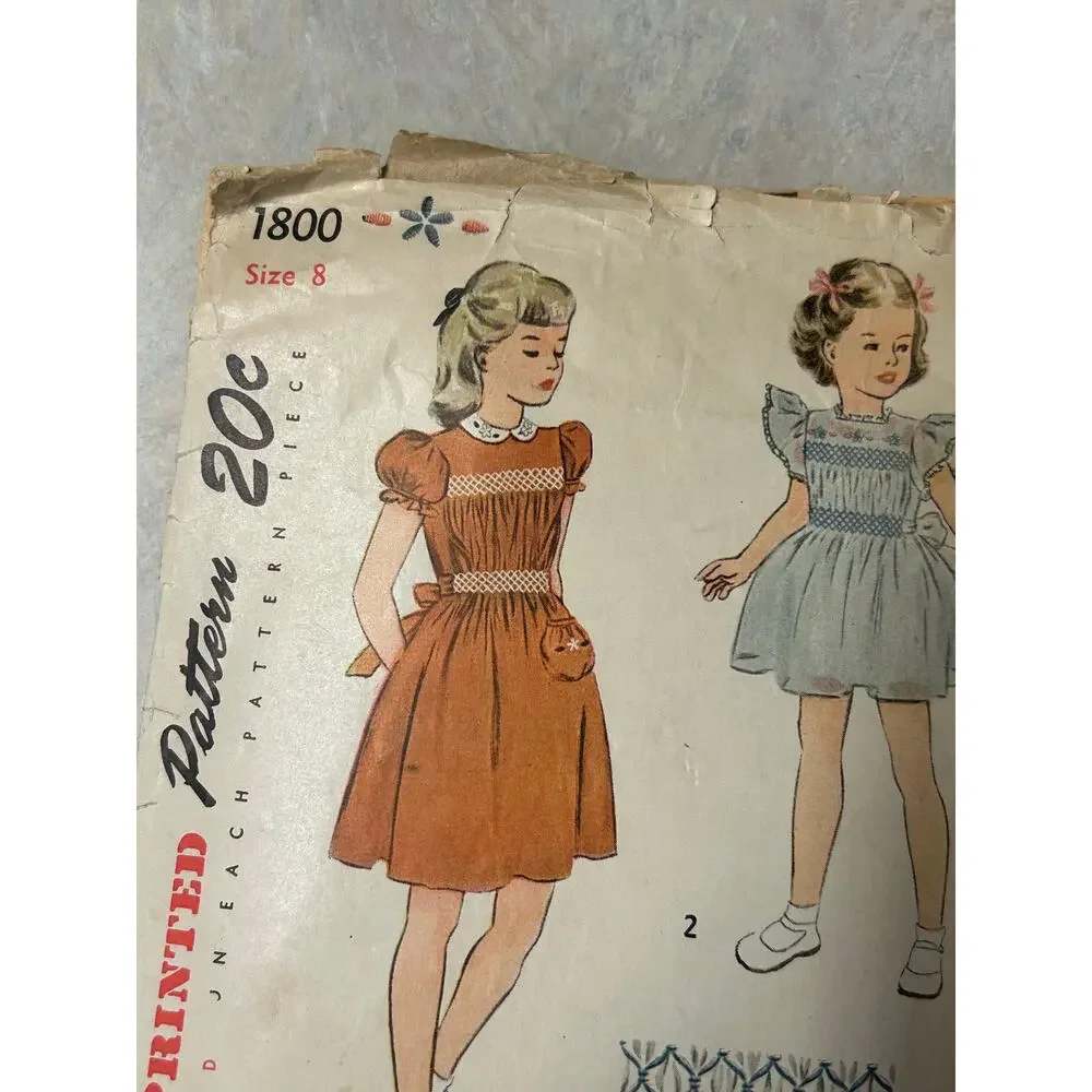 Vintage 1940's‎ Simplicity Pattern #1800 Girls Smocked Dress Size HTF